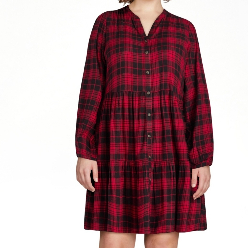 Time and Tru Red and Black Plaid Button-Front Mini Dress
